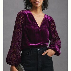 Anthropologie Velvet Cutwork Top - Extra Small, Plum